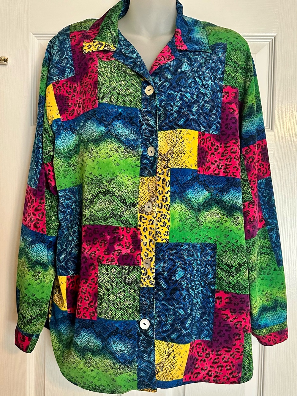 TAG Colorblock Animal Print Button-Front Blouse in Green, Blue, Yellow & Pink